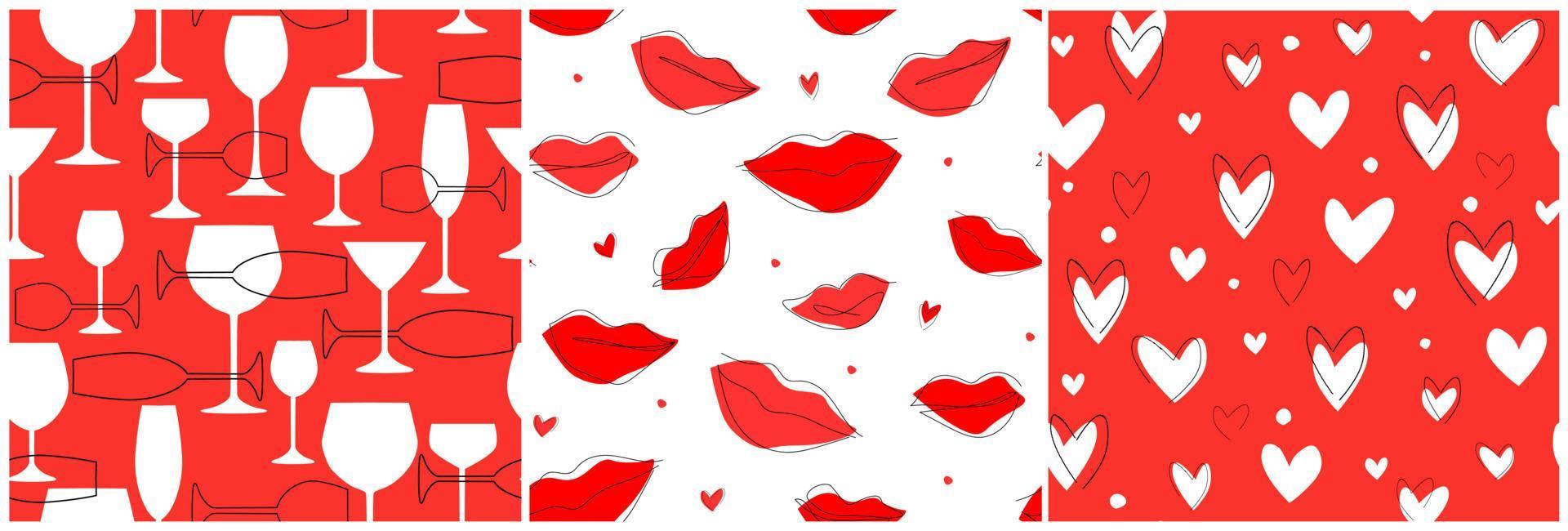 Seamless pattern with abstract contemporary simple print. Bright linear lips, hearts, wine glasses are a symbol of love. Vector graphics.
