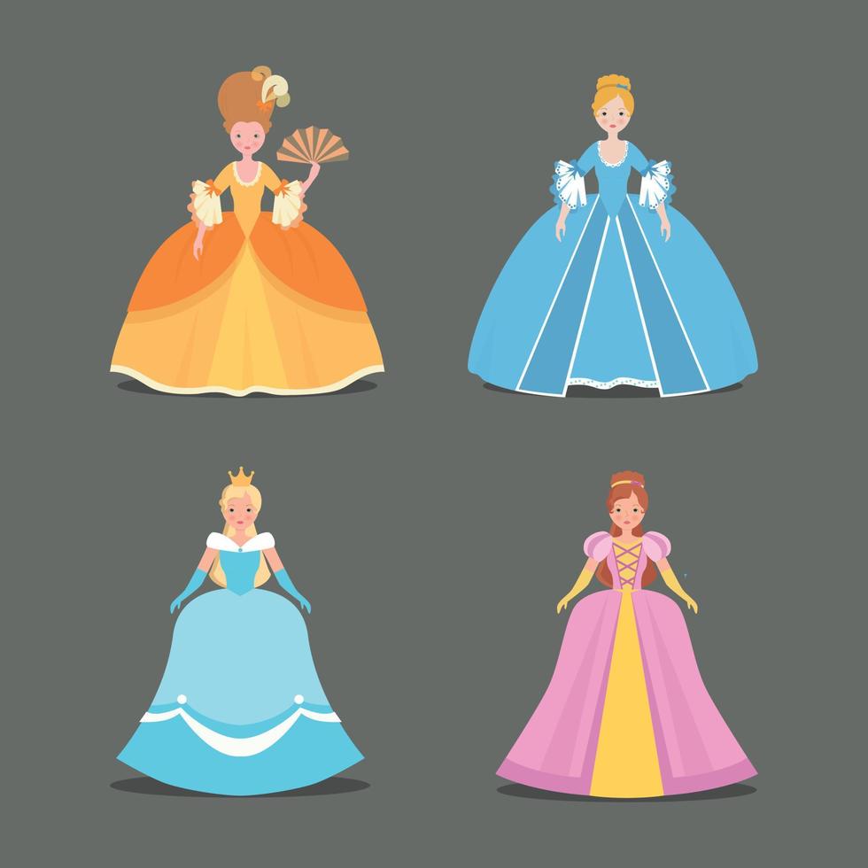 Set of princesses in colorful dresses vector