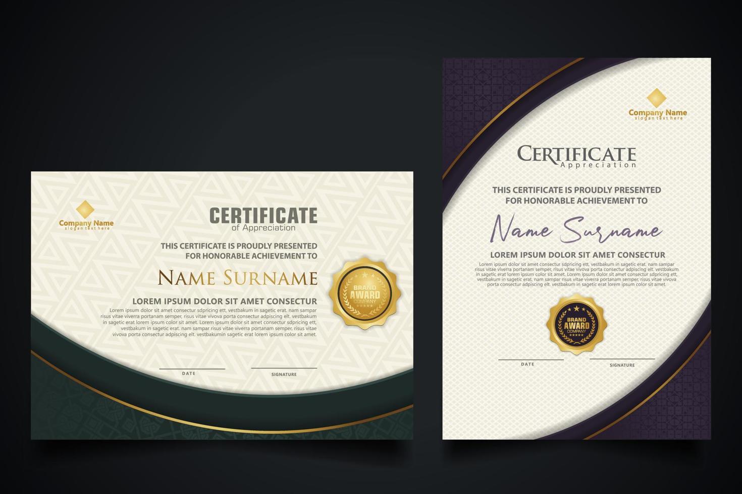 Luxury certificate template with elegant corner frame and realistic texture pattern, diploma Vector illustration