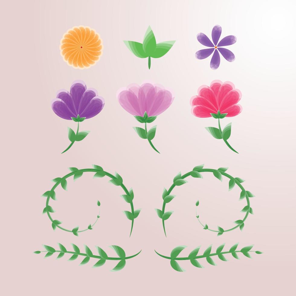 Set of beautiful flowers with branches and leaves Free Vector