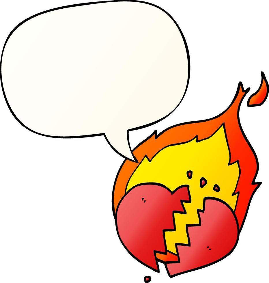 dibujos animados de corazón en llamas y burbuja de habla en un estilo de gradiente suave vector