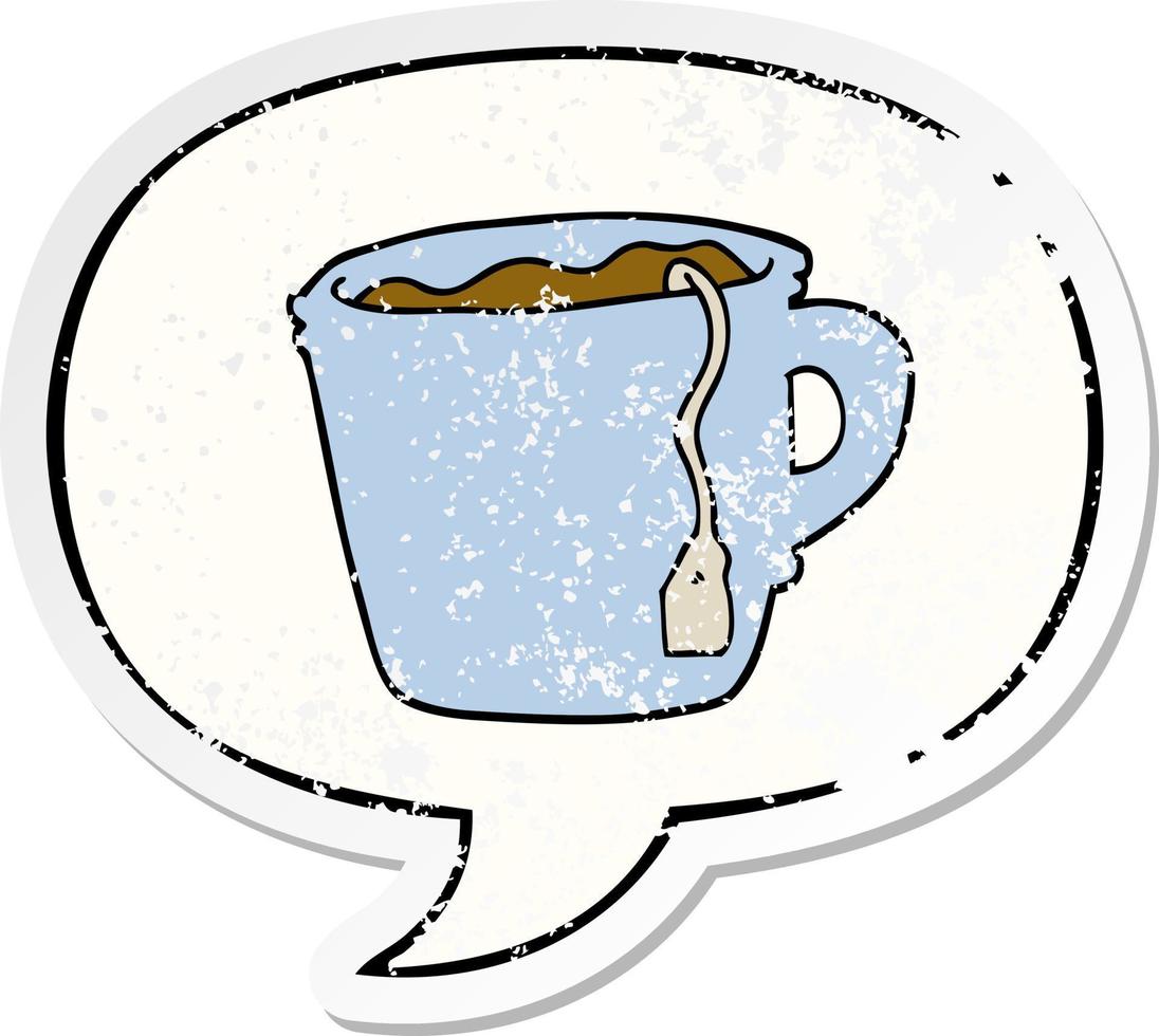 cartoon hot cup of tea and speech bubble distressed sticker vector