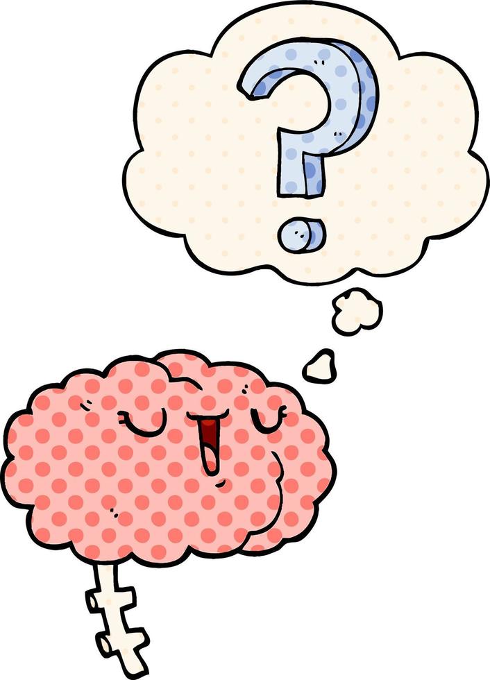 cartoon curious brain and thought bubble in comic book style vector