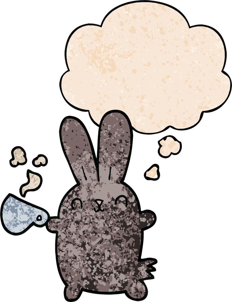 lindo conejo de dibujos animados con taza de café y burbuja de pensamiento en estilo de patrón de textura grunge vector