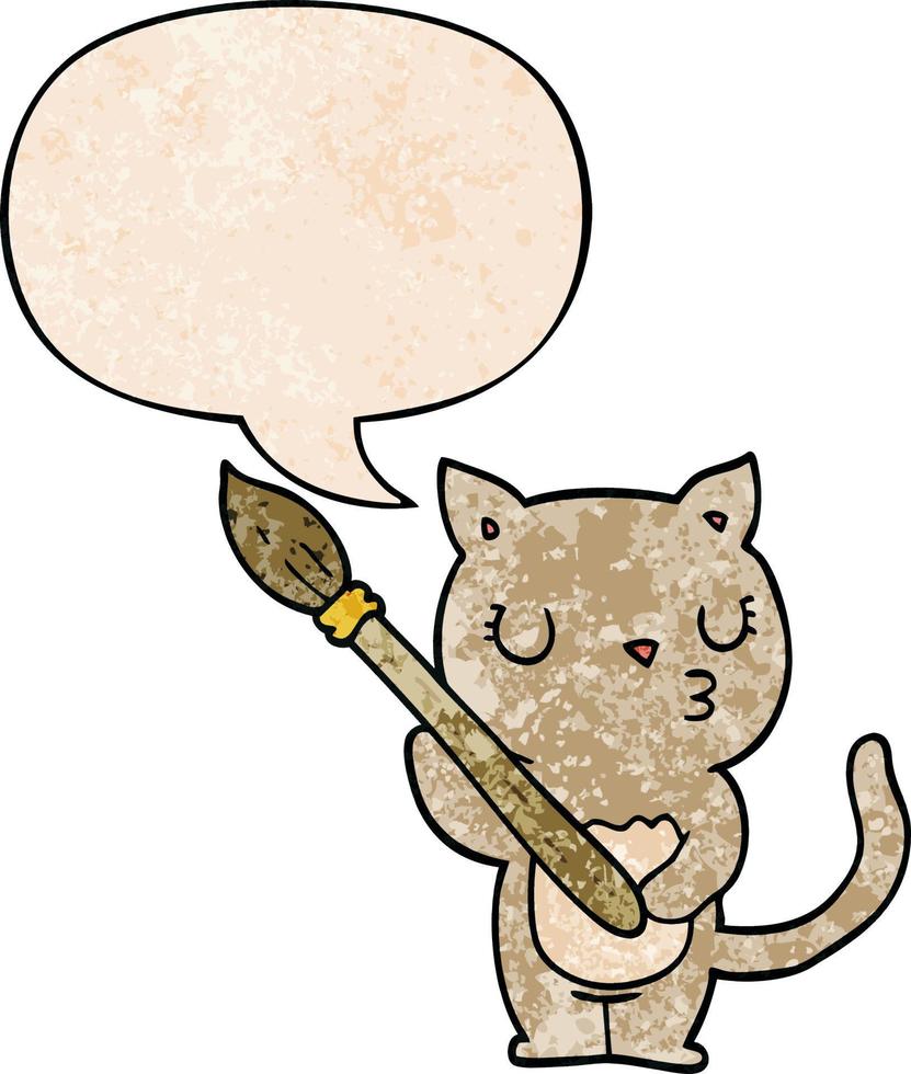lindo gato de dibujos animados y burbuja de habla en estilo de textura retro vector