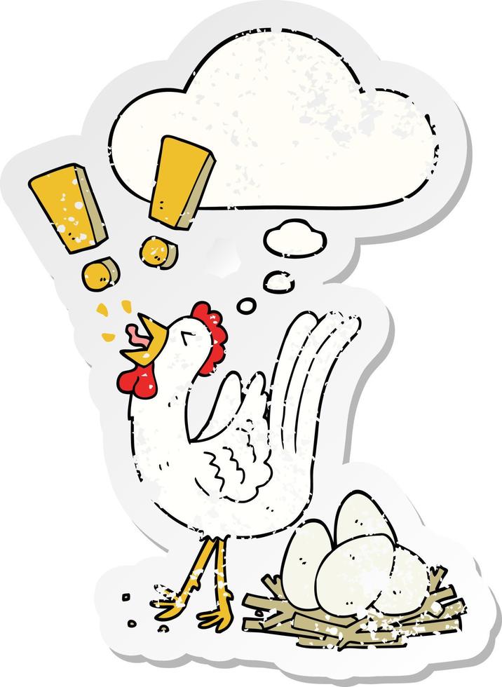 cartoon chicken laying egg and thought bubble as a distressed worn sticker vector