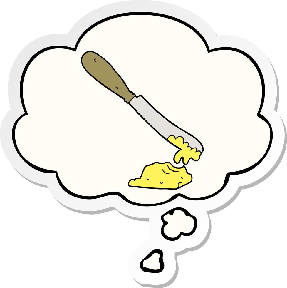 cartoon knife spreading butter and thought bubble as a printed sticker vector