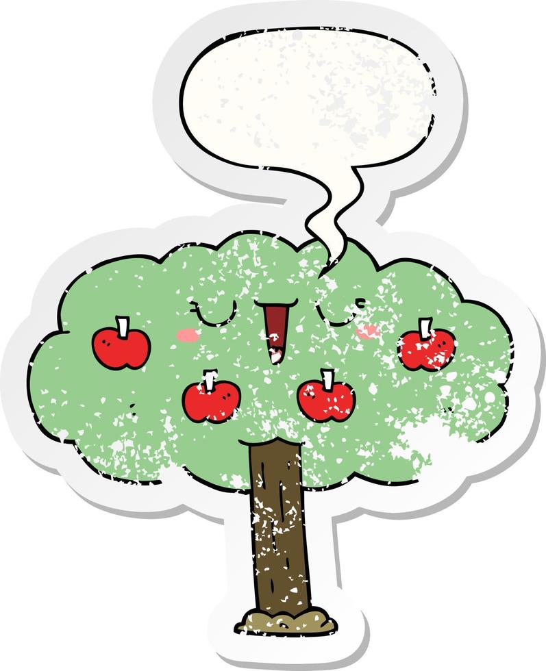 cartoon apple tree and speech bubble distressed sticker vector