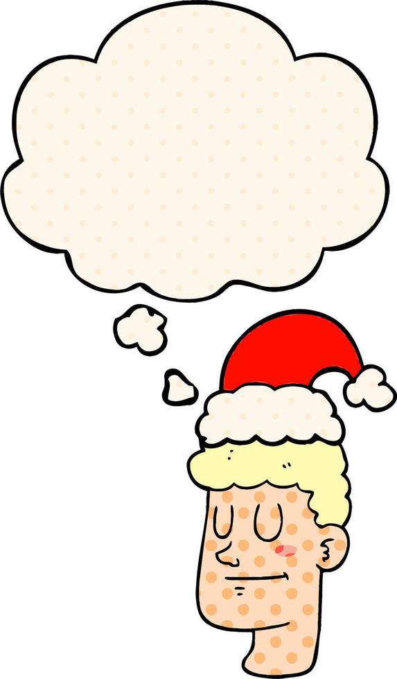 cartoon man wearing christmas hat and thought bubble in comic book style vector