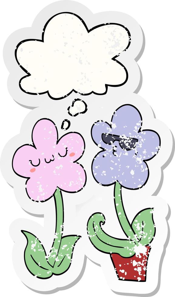cute cartoon flower and thought bubble as a distressed worn sticker vector