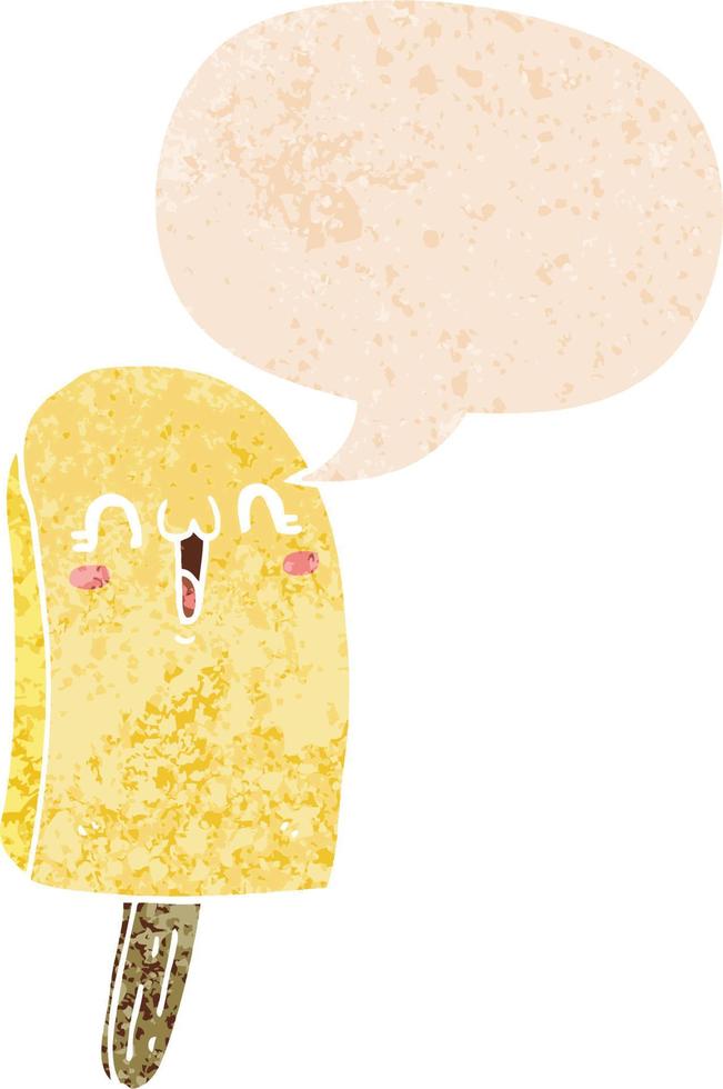 cartoon frozen ice lolly and speech bubble in retro textured style vector