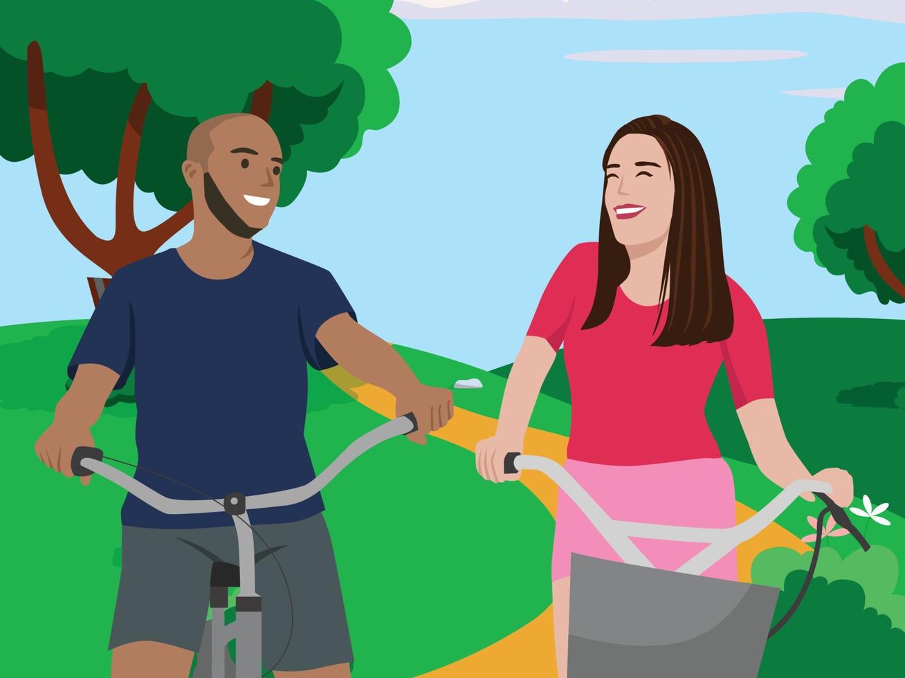 pareja montando bicicleta en una hermosa escena de parque verde ilustración plana vector