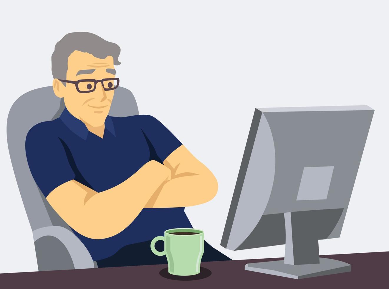 hombre frente a la computadora trabajando y hablando con su trabajador ilustración vectorial plana aislada en fondo blanco vector