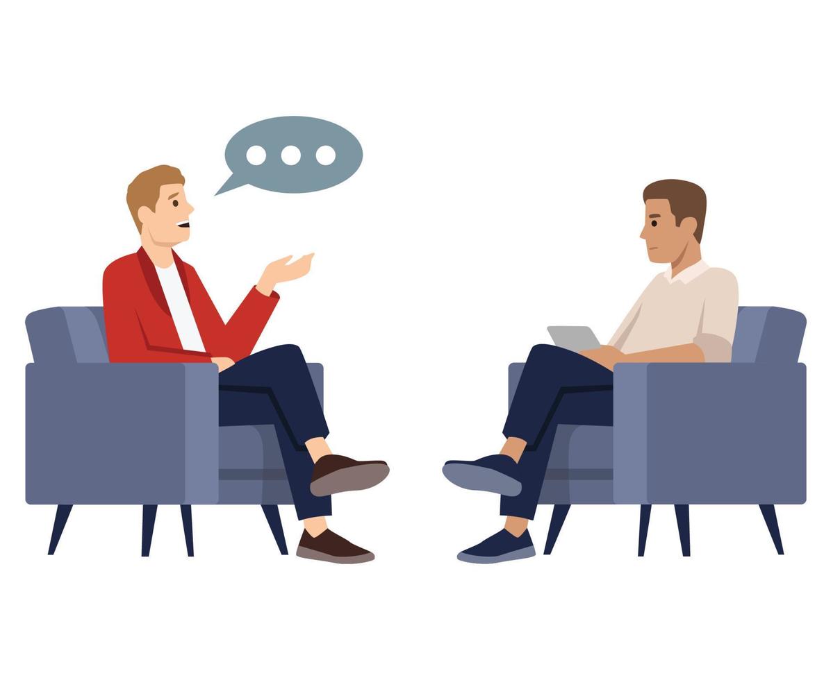 Two Men Sitting in Chairs Facing Each Other Having in Conversation vector