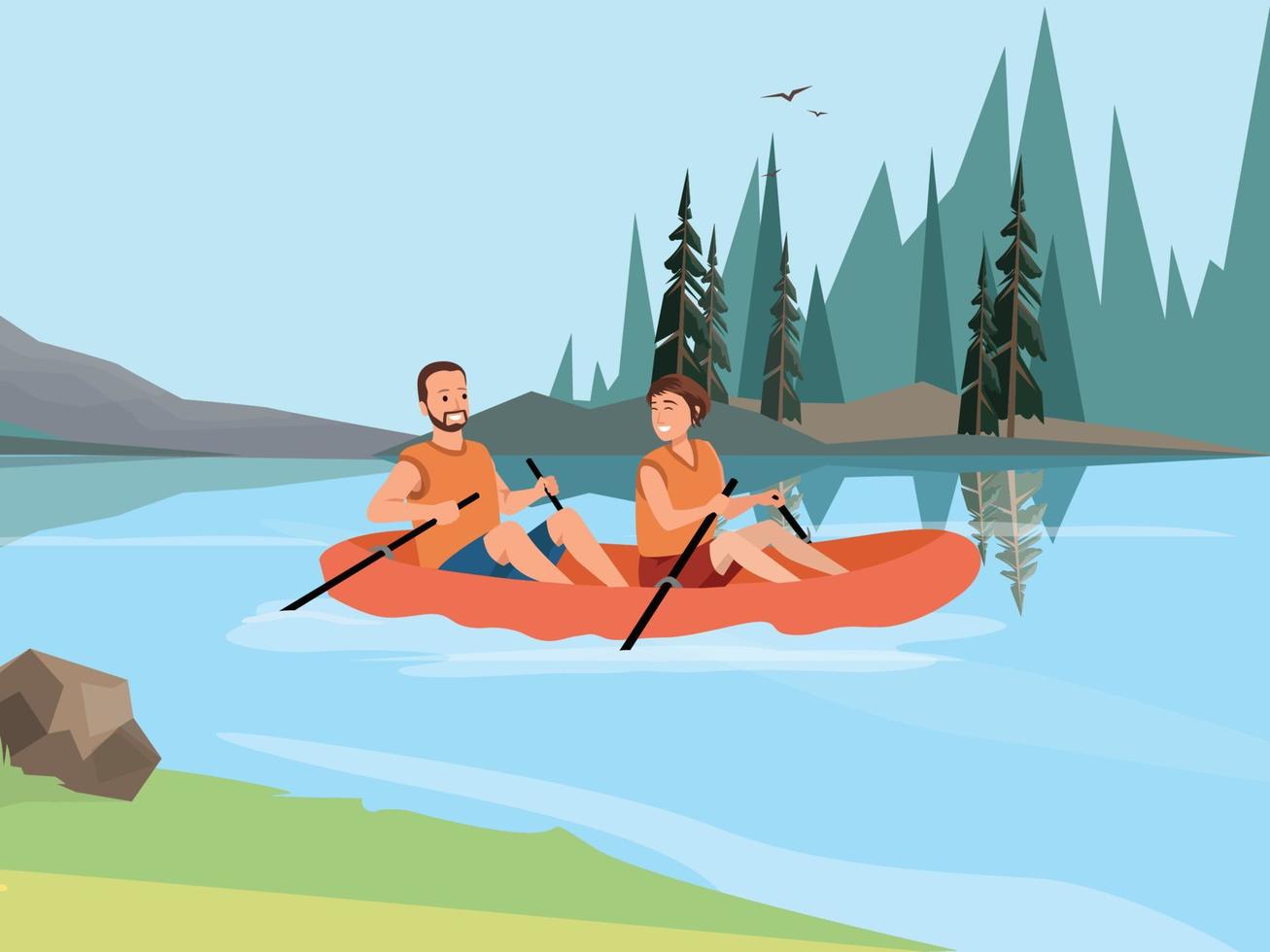 Vector illustration of couple in a canoe rowing oars along the river flat art
