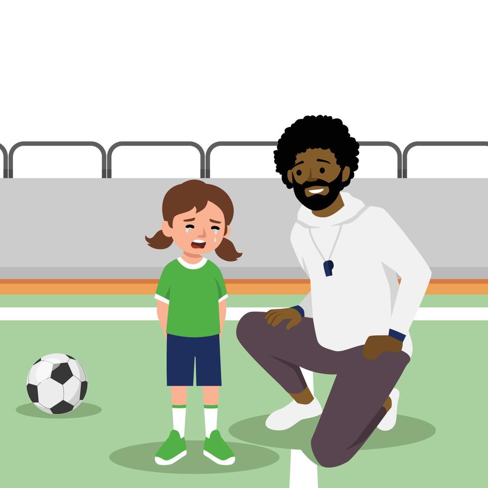 entrenador deportivo hombre animando a un niño llorando en el campo de fútbol ilustración vectorial plana vector