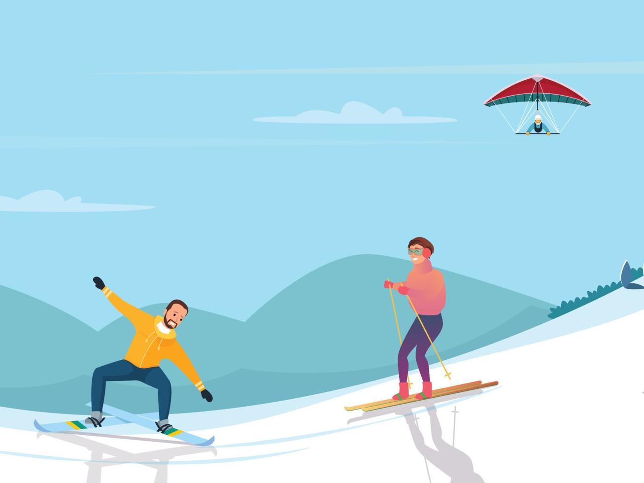 vector illustration of couple skier mountains snow. ski mask rest in mountains flat art