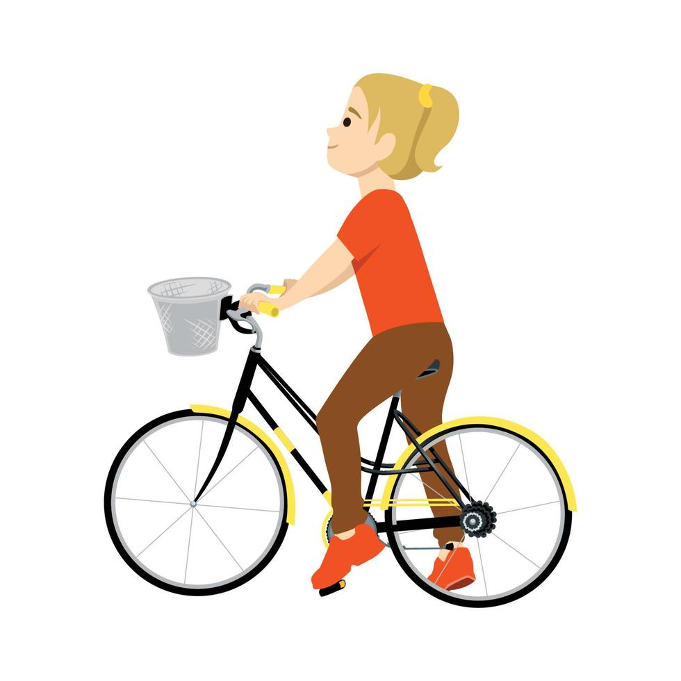 Little girl standing on a bike with one leg smiling from side view flat vector illustration isolated on white background