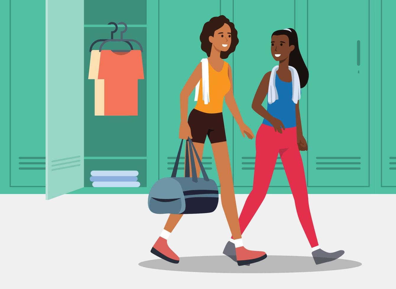 Women going to the gym while talking in the locker room holding a gym bag flat vector illustration
