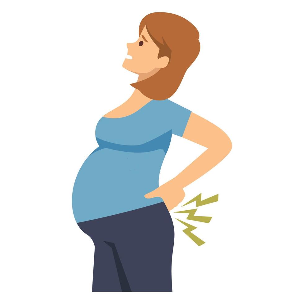 mujer embarazada con dolor de espalda baja ilustración vectorial plana aislada en fondo blanco vector