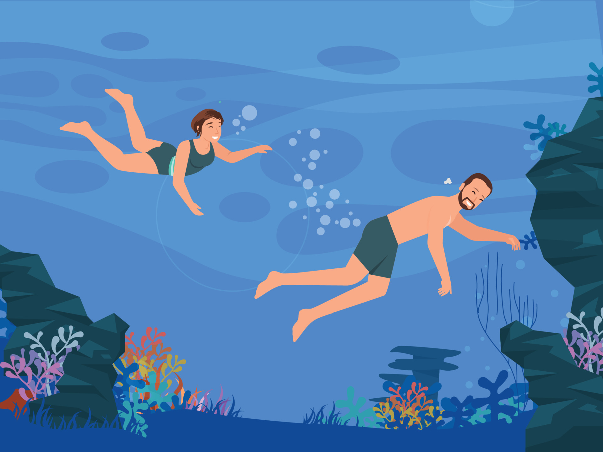 cute couple diving in the sea with happy faces flat vector illustration ...