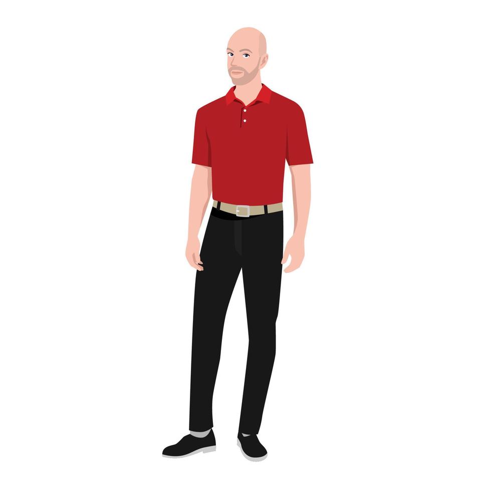 Bald professional businessman wearing red golf shirt character flat vector illustration isolated on white background