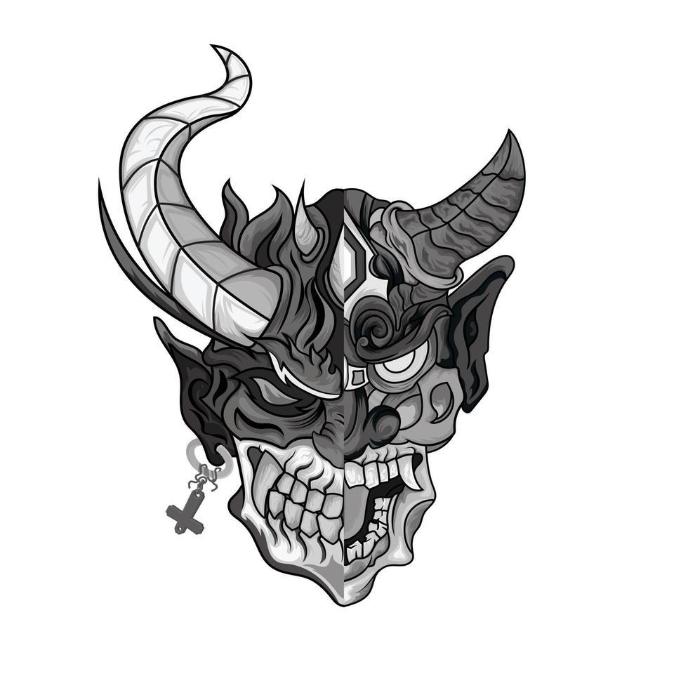 Illustration of an oni mask devil foor tattoos black and white scary japanese demon mask vector