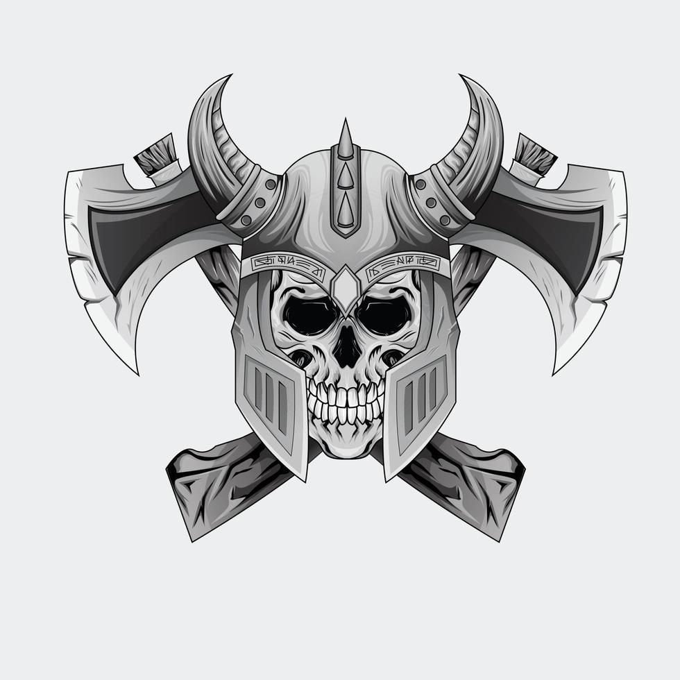 attoos design Black and white illustration viking warrior skull with Perfect for T-Shirt Design, Sticker, Poster, Merchandise and E-sport logo vector