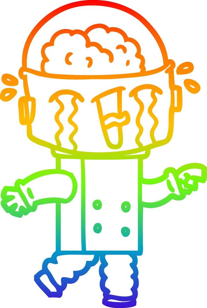 rainbow gradient line drawing cartoon crying robot pointing vector
