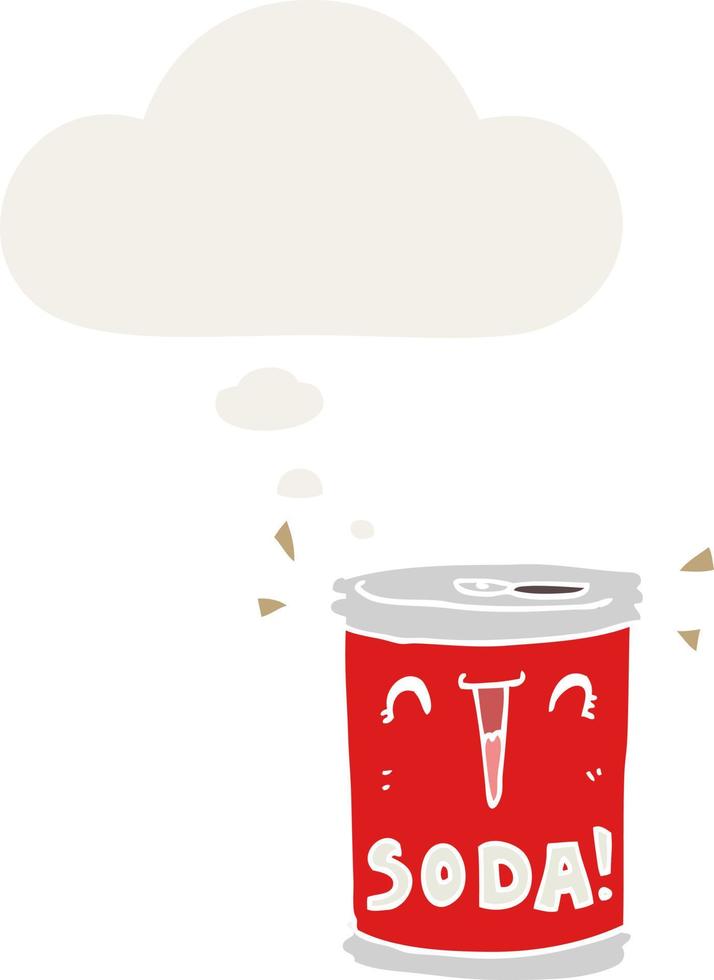cartoon soda can and thought bubble in retro style vector