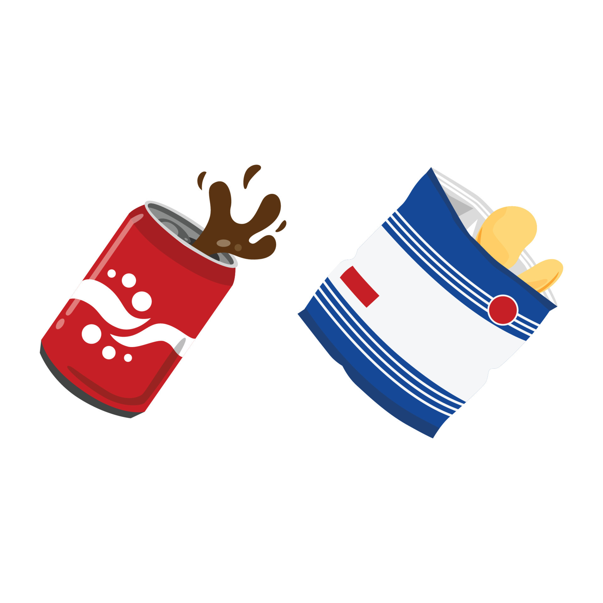 Splashing soda can and bag of chips flat vector icon. isolated on white