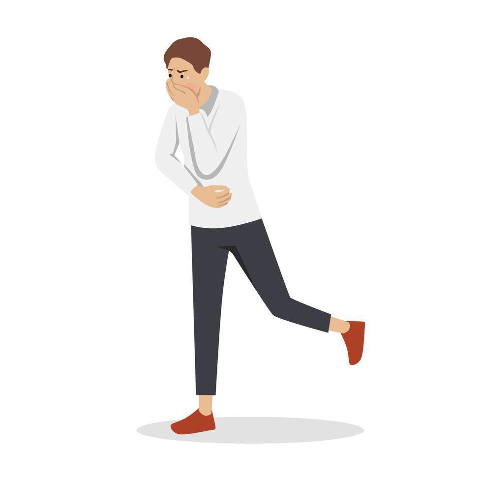 Vector illustration of man running to toilet isolated on white background