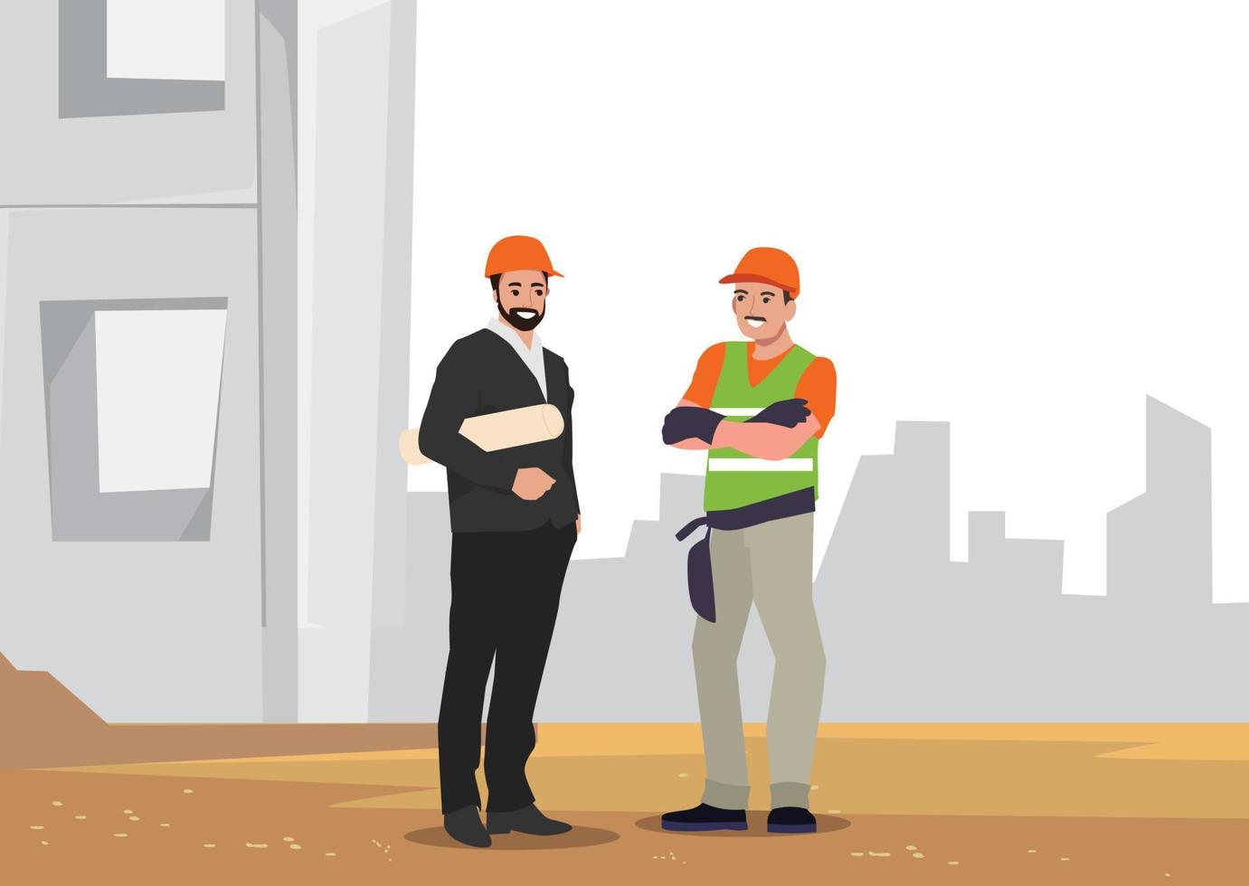 Builders and engineers background. Cartoon factory workers and business characters at construction. Vector illustration team management worker man and woman