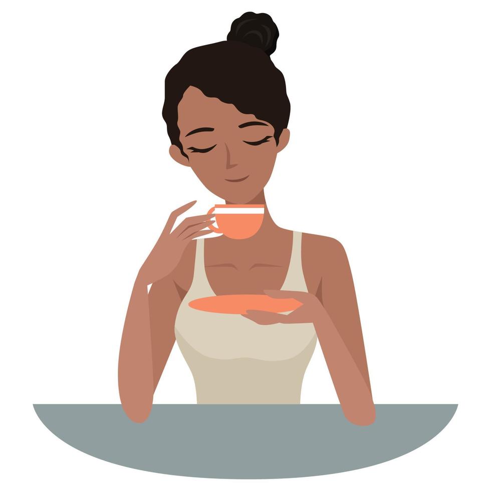 A woman is holding a cup of tea or coffee. The pleasure of a hot drink. Vector illustration