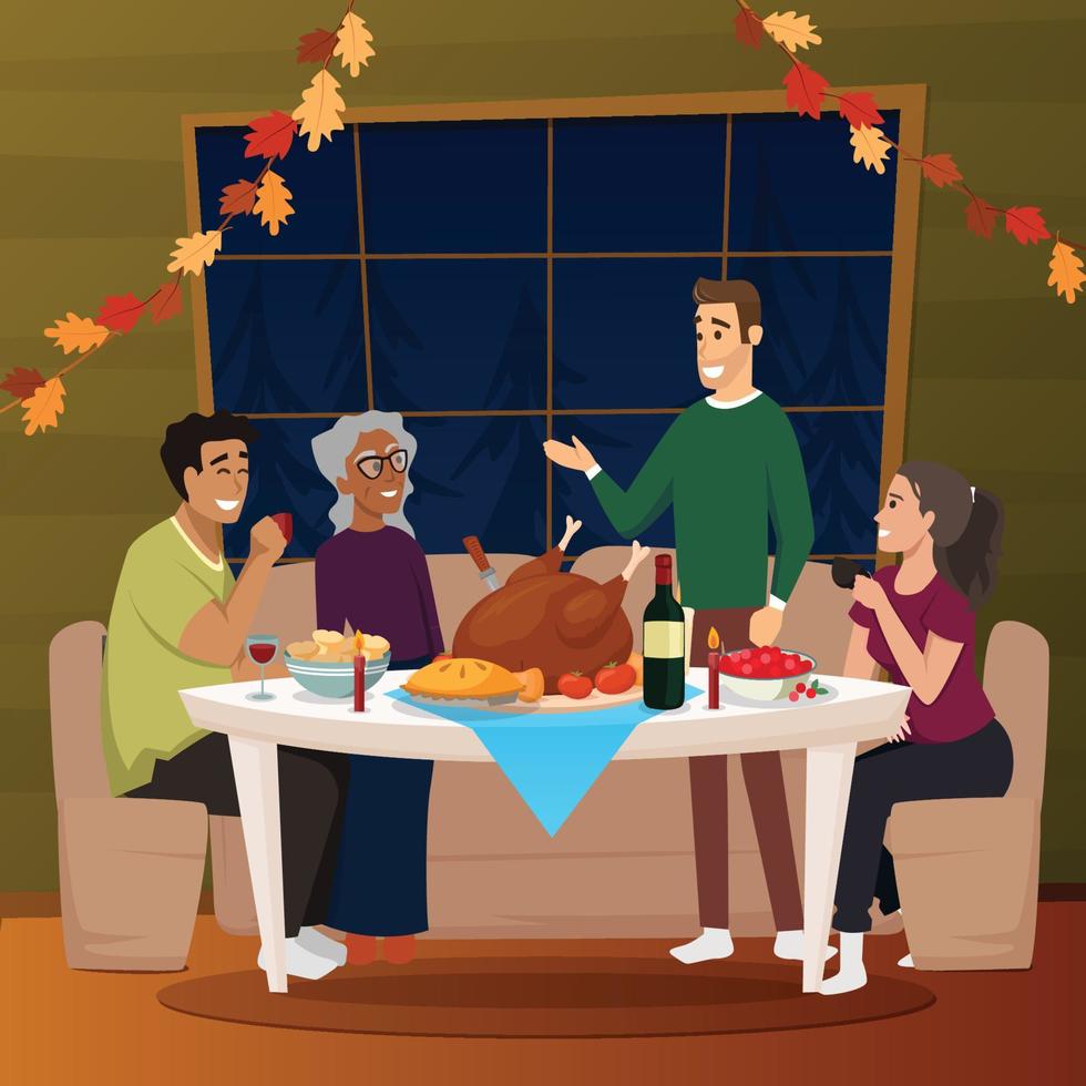 Christmas and Thanksgiving inspired Holiday card with diversity family celebrating Thanksgiving day turkey at the table. Vector flat design family Holiday weekend illustration for poster,card,banner
