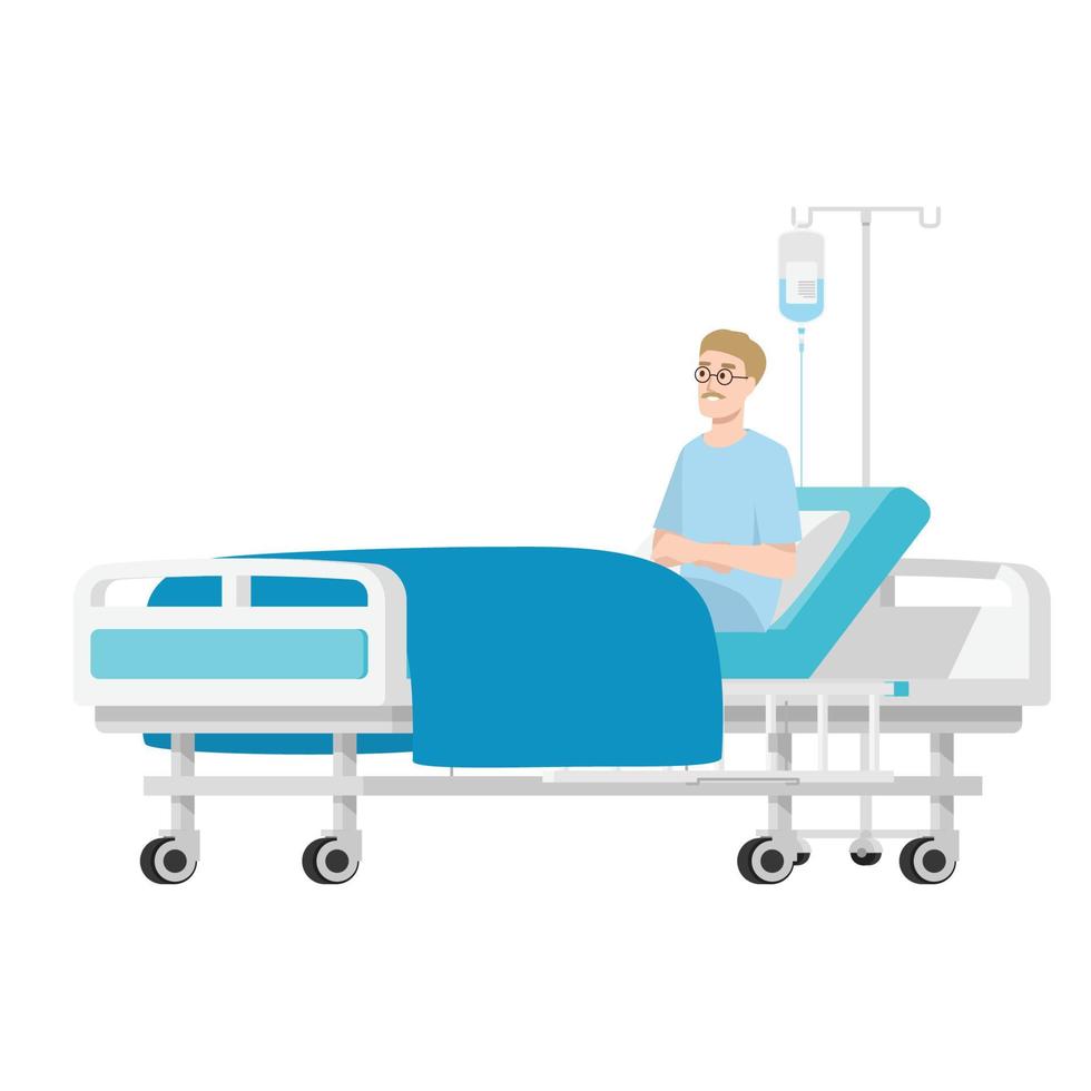 man sick sitting at hospital bed. Hospital patient character flat vector illustration isolated on white background