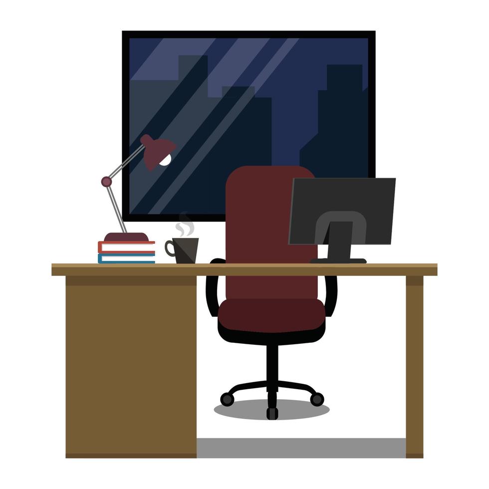 office workplace at night flat vector illustration isolated on white background