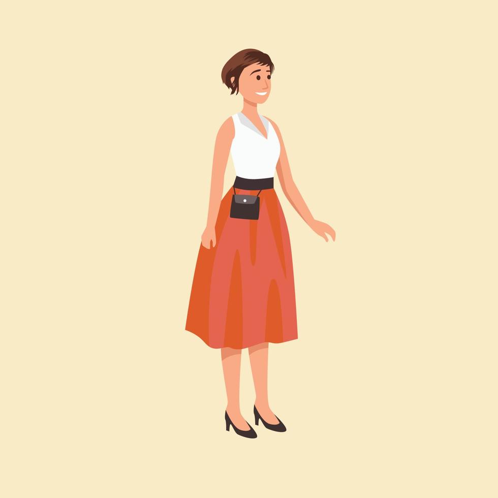 linda mujer con un vestido sencillo que va de vacaciones ilustración vectorial plana aislada en fondo blanco vector