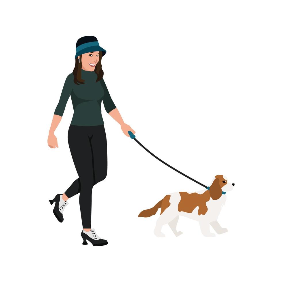 mujer caminando con su perro ilustración vectorial plana aislada en fondo blanco vector
