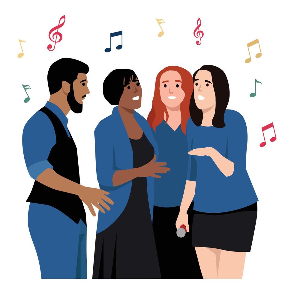 Choir, ensemble on the stage. Concert. Singing people. Vocalists, classical music. Vector illustration.