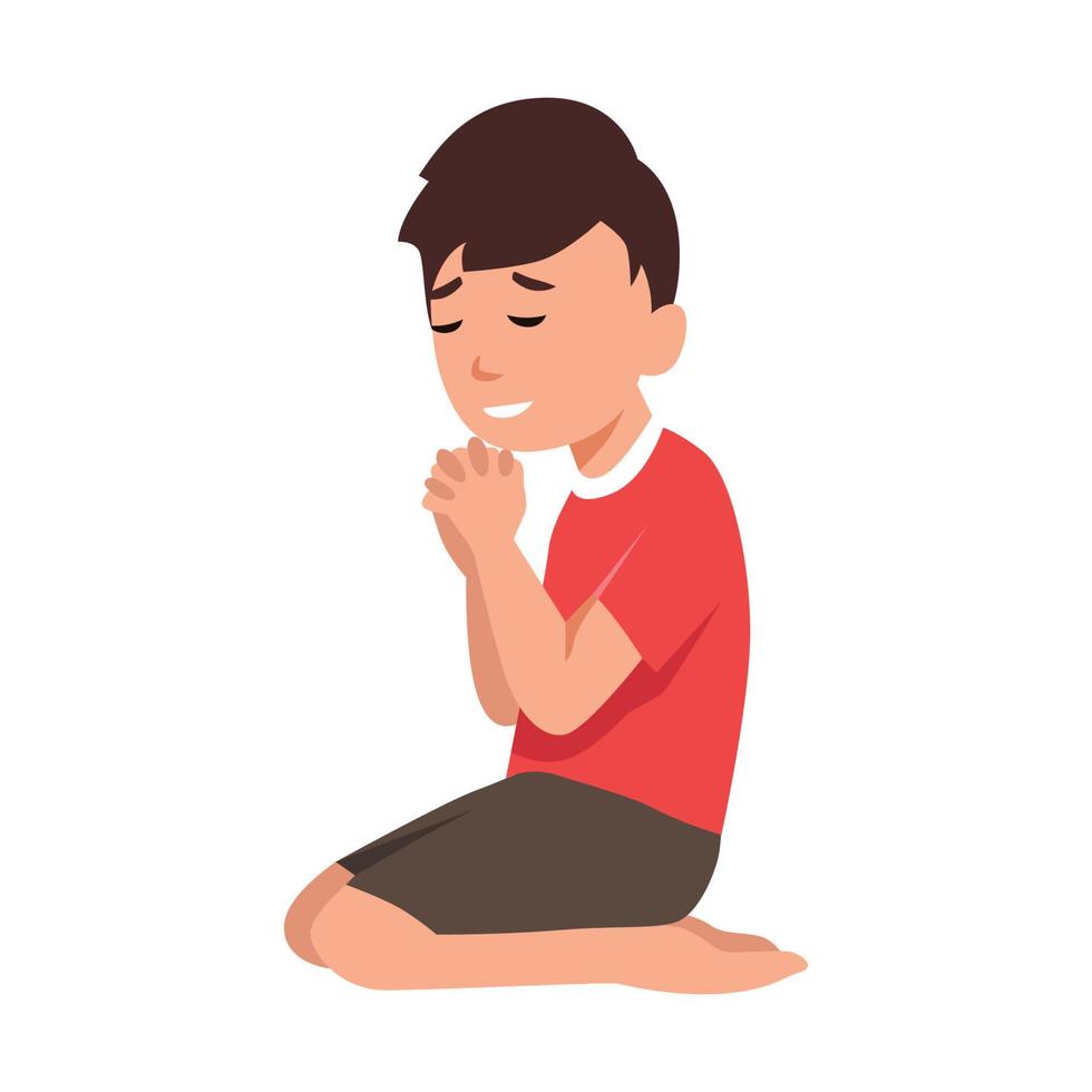 cute little boy praying on the ground folded his hand. flat vector illustration isolated on white background