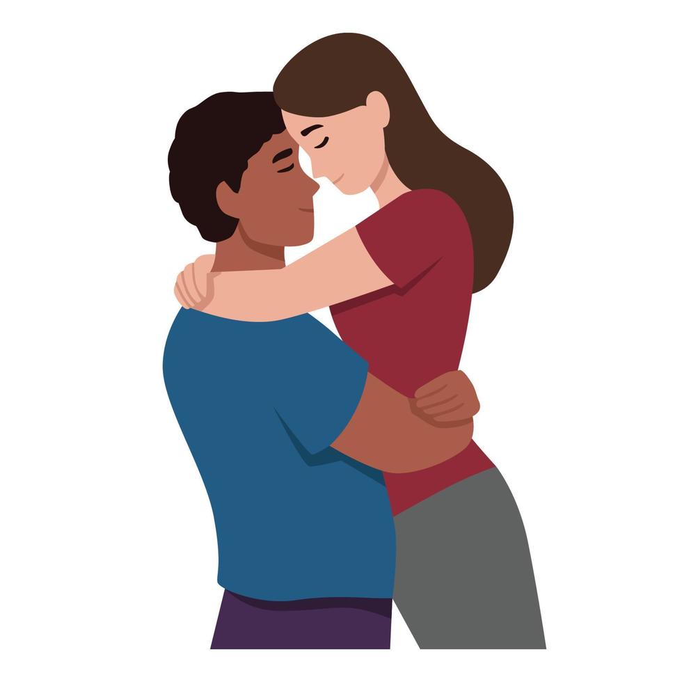 lindo, diversidad, pareja, abrazo, aislado, blanco, plano de fondo vector