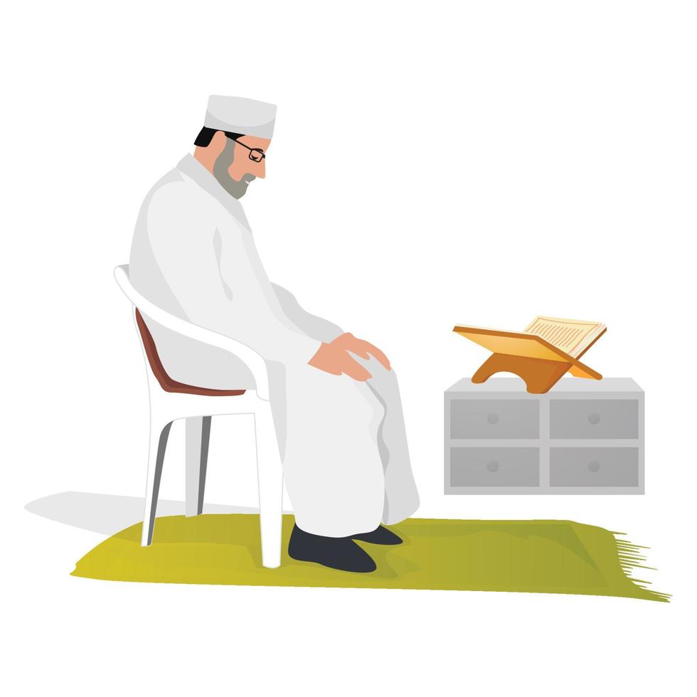 Elder Muslim man praying at home sitting on a chair vector