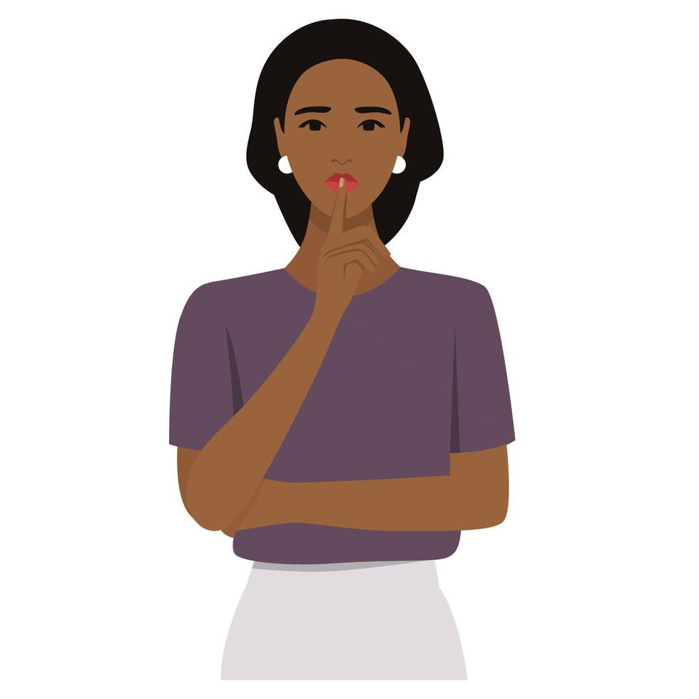 Woman putting her finger on mouth. Asking the audience to keep silence. Flat vector illustration