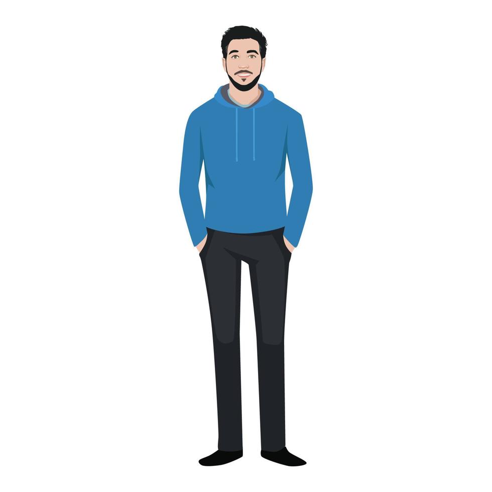 Man wearing hoodie character. Standing hands on pocket flat vector illustration