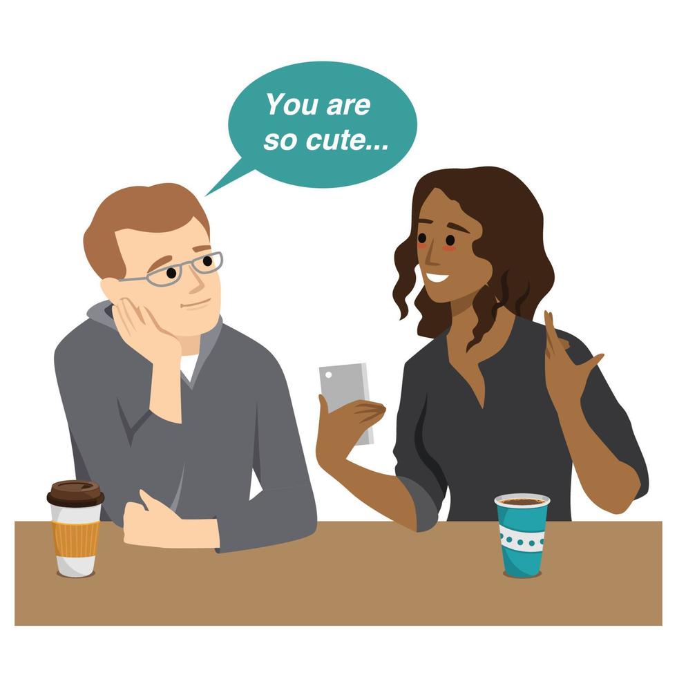 Man talking to a woman in a cafe and tell her that she is cute. flat vector illustration