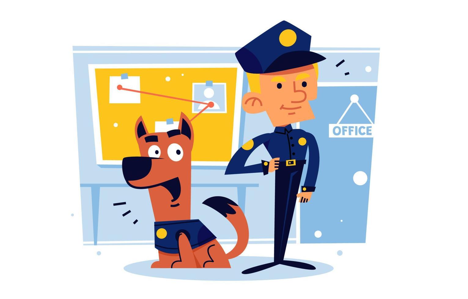 perro policía con un apuesto personaje policial en la oficina vector