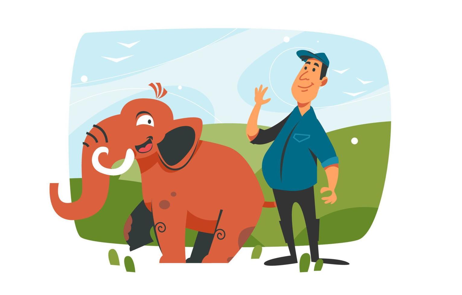 Cute Elephant With Mahout Elephant Keeper Character vector