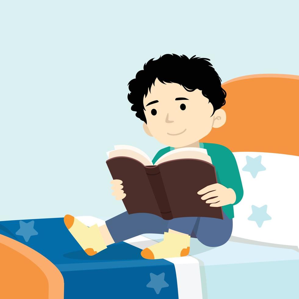 lindo niño leyendo un libro en su dormitorio ilustración vectorial plana vector