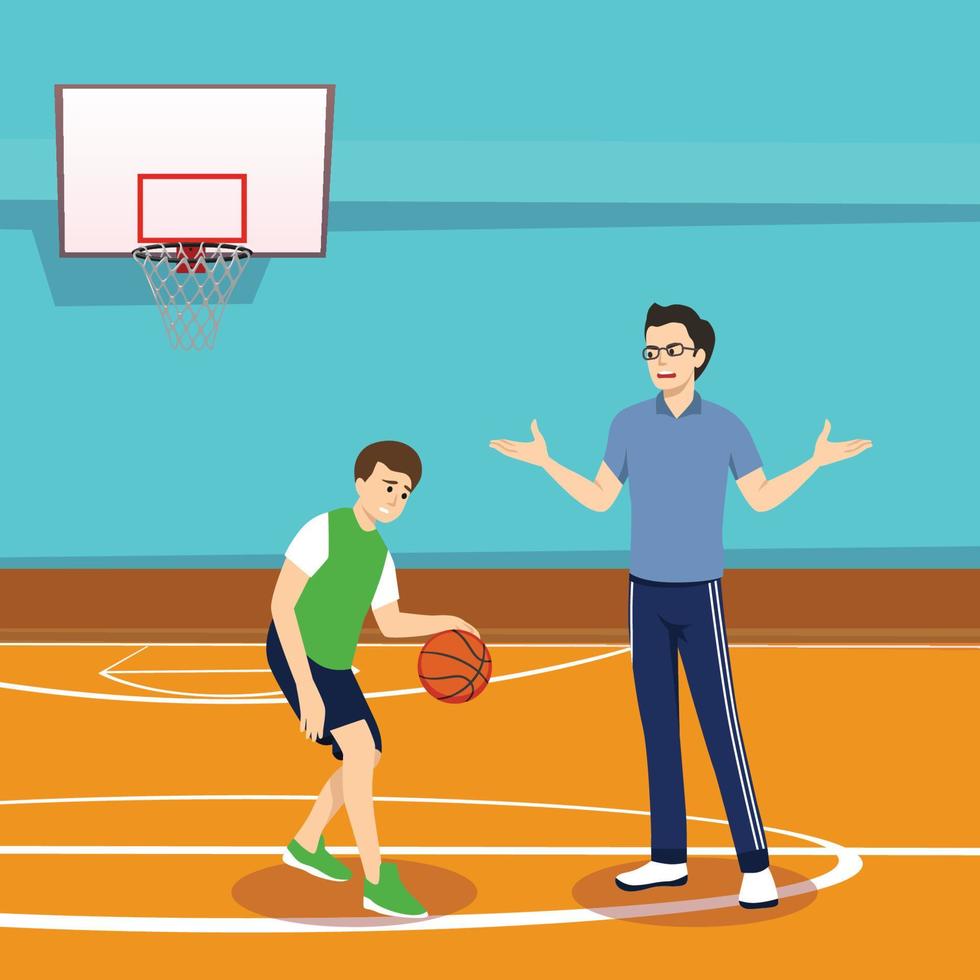 illustration of a basketball coach giving instruction to a boy who is dribbling the ball in the court vector